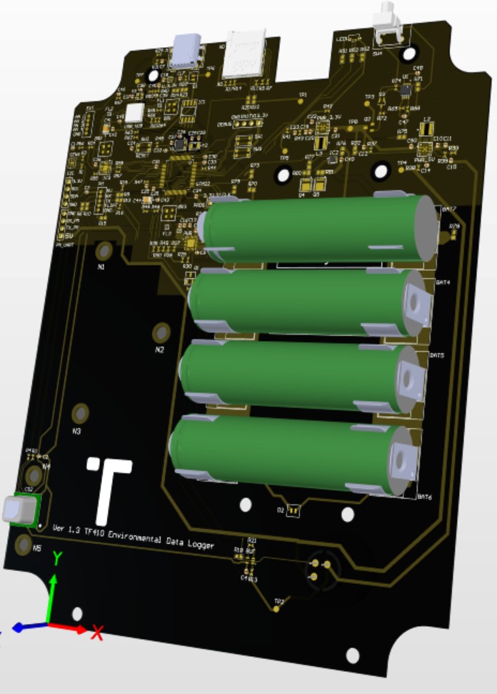 Environmental monitoring PCB STEP render with battery system