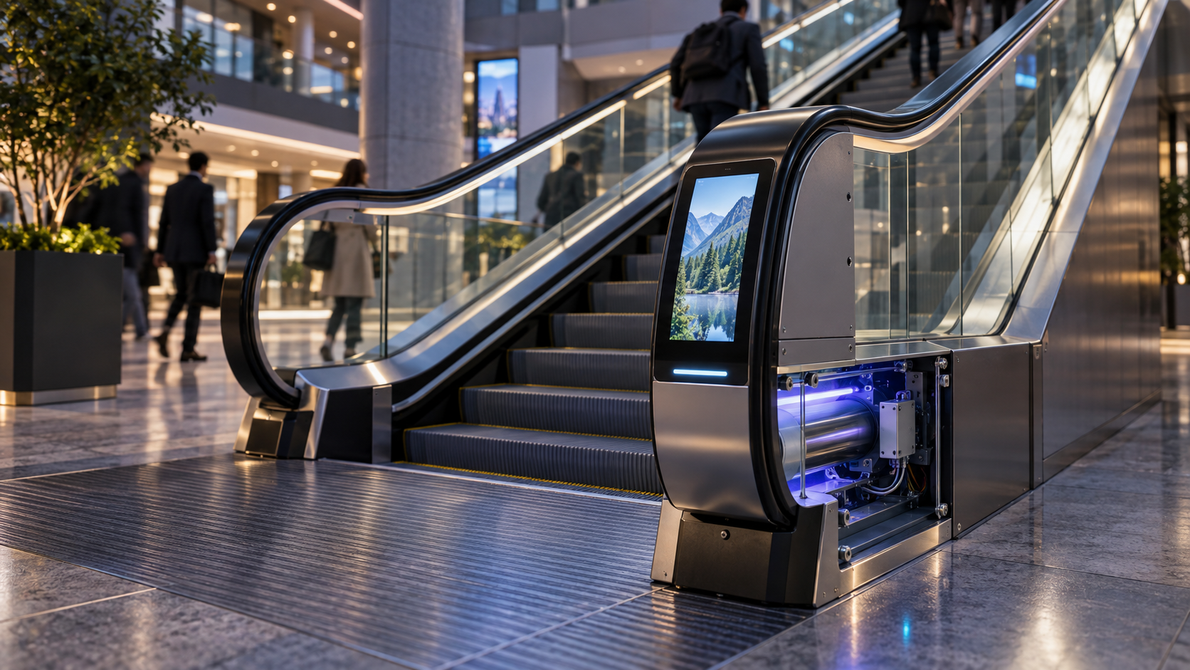 Escalator handrail UV system concept
